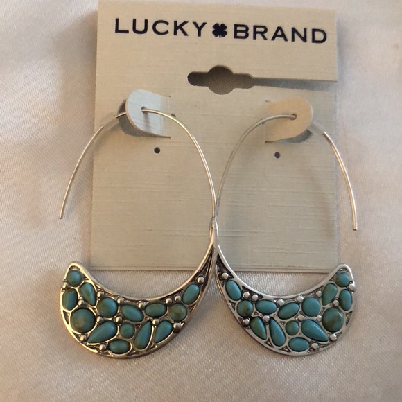 Lucky Brand Silver Tone Turquoise Stone Threader Hoop Earrings NWT - Picture 4 of 12